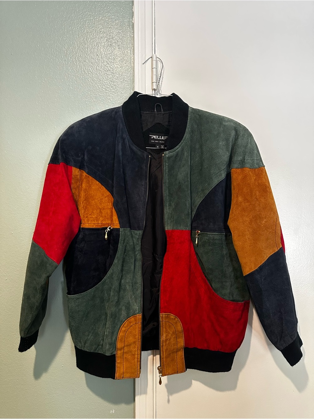 Pelle Pelle Colorblock Suede Bomber Jacket in Green, Red, Navy & Tan